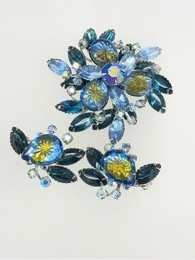 Blue and Yellow Crystal Floral Brooch Trio - Women Jewelry